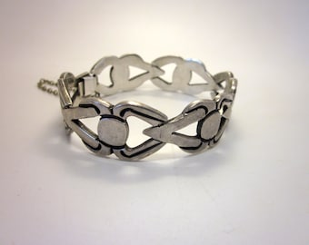 Vintage Midcentury Jacob de Taxco Mexican Artisan Sterling Silver Minimalist Linked Panel Bracelet with Openwork and Botanical Inspiration