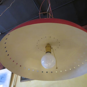 Italian Mid Century Pendant Light Large Enameled Aluminum Shade with Structural Abstract Stem Chandelier MCM Lighting