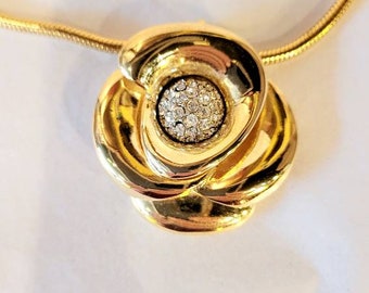 Vintage Crown Trifari Rose Pendant necklace with rhinestone center