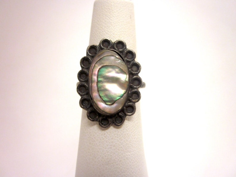 Vintage Mexican Sterling Silver and Iridescent Abalone Artisan Statement Ring with Delicate Details and Beautiful Patina