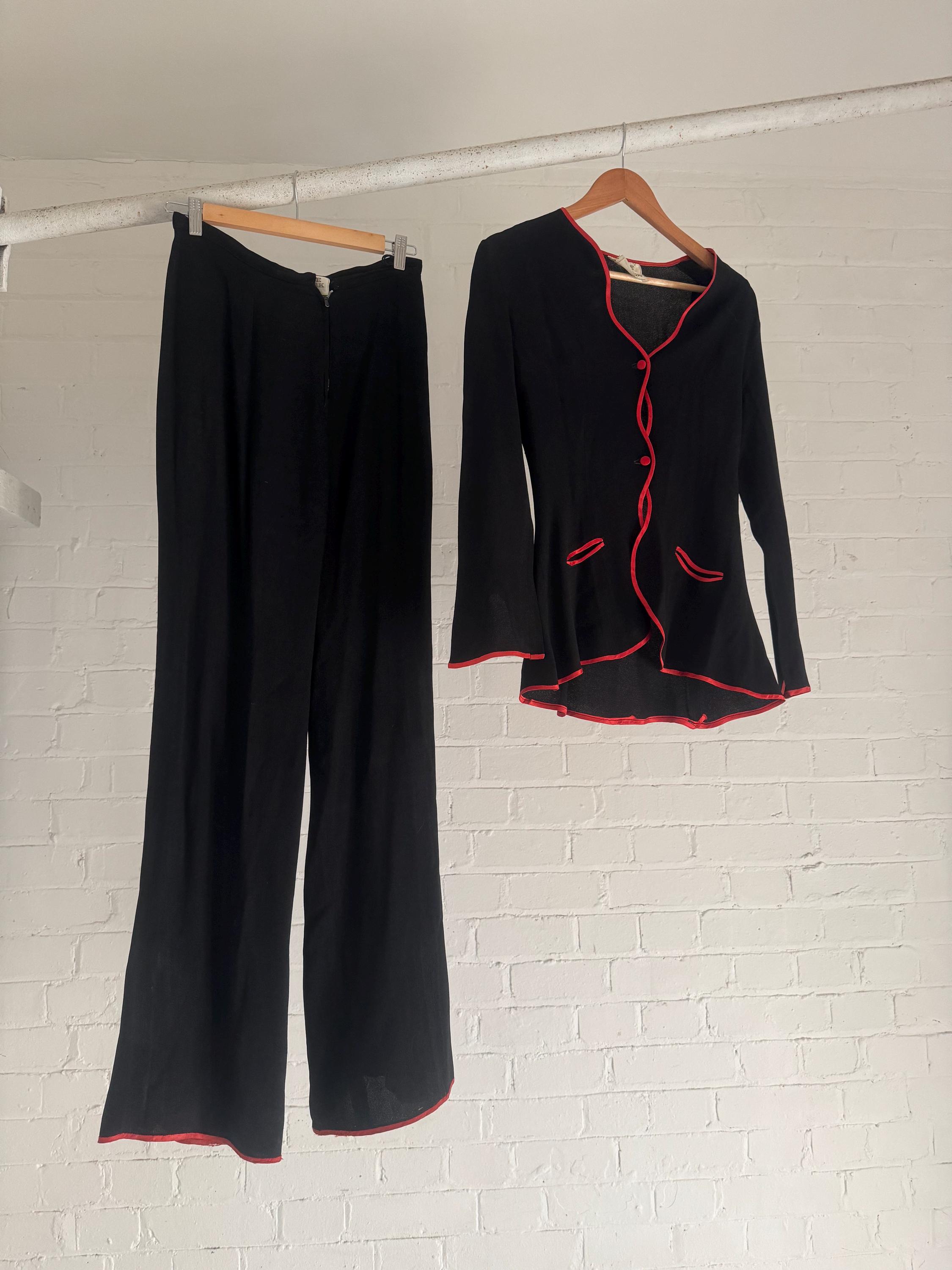 Vintage 1970's Ossie Clark two piece black and red crepe suit // trouser and top