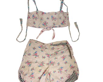 Vintage 1950’s Sheersucker Floral Cotton Two Piece Beachwear Bikini