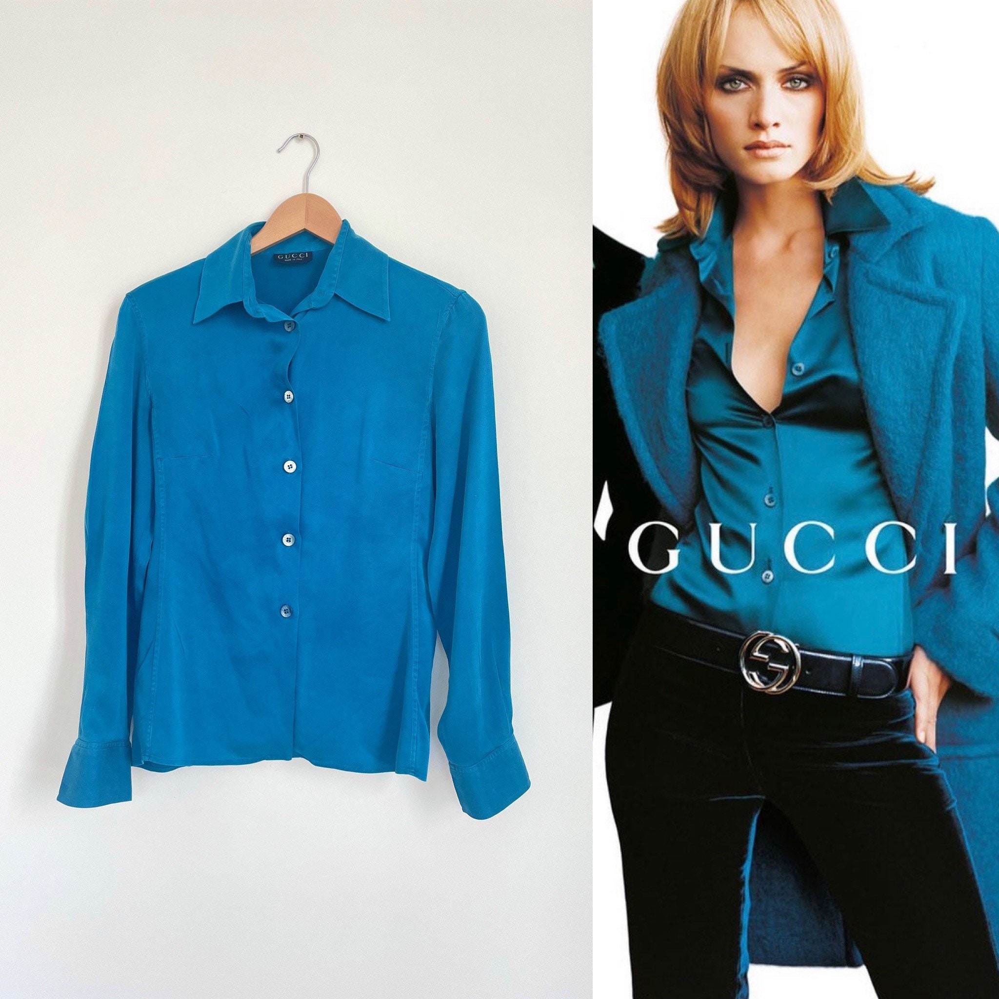 口コミ・レビューで人気商品を探そう Vintage Tom Ford Gucci Blue Silk Shirt // 1995 - Etsy トップス