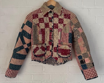 Vintage 1970s jacket made from antique Victorian patchwork quilt// antique rare