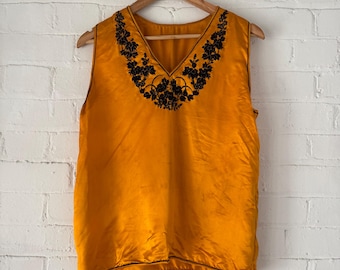 Vintage 1920s Orange and Embroidered Black Floral Top