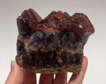 Roter Amethyst, roter bedeckter Amethyst mit Hämatit Alien Amethyst Cluster Elestial Amethyst mit Schallplattenhalter Rare Crystal Home Decor Geschenk