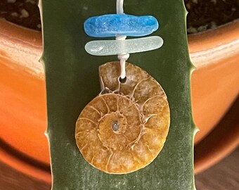 Sea Glass Necklace, Celestial Bridge Talisman, Ammonite and Sea Glass Pendant, Spiritual Gift