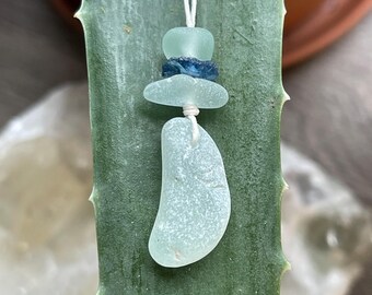 Sea Glass Necklace, Waxing Crescent Talisman, Green Sea Glass Pendant, Spiritual Gift, Ancient Roman Glass