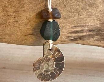 Sea Glass Necklace, Ancient Knowledge Talisman, Ammonite and Sea Glass Pendant, Ancient Roman Glass, Spiritual Gift