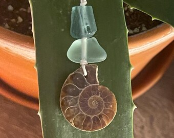 Sea Glass Necklace, As Above So Below Talisman, Ammonite and Sea Glass Pendant, Ancient Roman Glass, Spiritual Gift