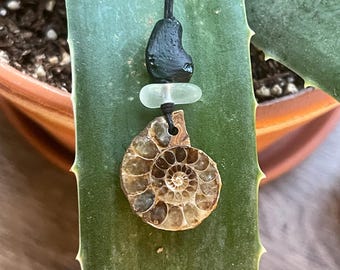 Sea Glass Necklace, Infinite Resilience Talisman, Ammonite and Sea Glass Pendant, Ancient Roman Glass, Spiritual Gift