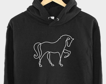 May include: Black hooded sweatshirt with a white outline of a horse on the front.