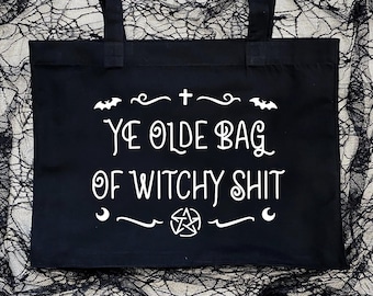 Goth Witch Tote Bag: Large Black Canvas Shopping Bag