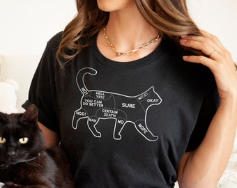 以下が含まれることがあります： 白い輪郭の猫が描かれた黒いTシャツ。猫の体の各部位に「Hell Yes!」や「Certain Death」などのフレーズが書かれている。