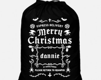 Gepersonaliseerde kerstzak - Goth Santa-tas - zwarte katoenen geschenkzak - alternatieve kerstsok - aangepaste naam kersttas
