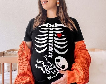 Halloween Pregnancy Announcement Pregnant Skeleton Shirt - Halloween Maternity Shirt