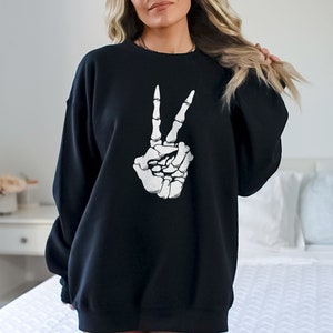 Skeleton Hand Peace Sign Sweatshirt - Goth Clothing - Grunge Rock Gothic Emo Sweater