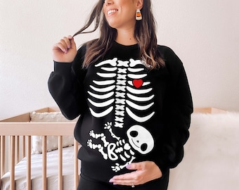 Halloween Pregnancy Sweatshirt - Maternity Pregnant Halloween Skeleton Shirt