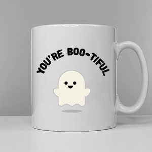 Cute Ghost Coffee Mug You're Bootiful Funny Halloween Slogan Coffee Cup image 1