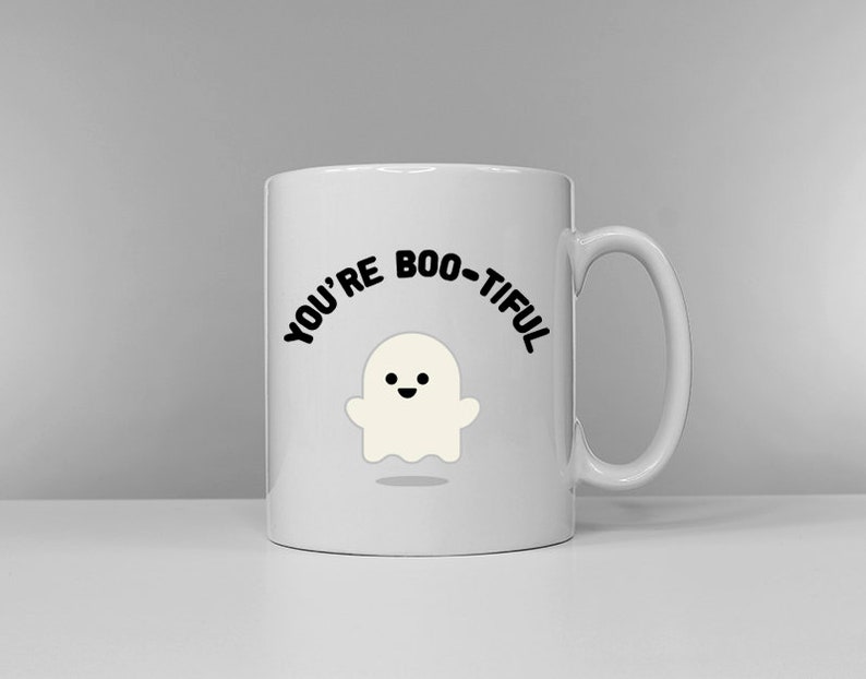 Cute Ghost Coffee Mug You're Bootiful Funny Halloween Slogan Coffee Cup image 1