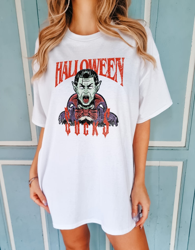 Halloween Sucks Vintage T-Shirt, Distressed Vampire Movie Poster (Unisex XS-6XL, Black Cotton) image 2