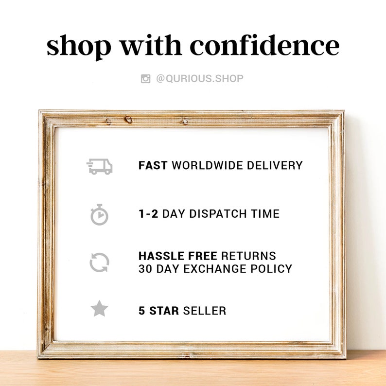 May include: A framed illustration with a gold frame, depicting a delivery truck, a clock, a circular arrow, and a star. The text reads "Fast Worldwide Delivery", "1-2 Day Dispatch Time", "Hassle Free Returns 30 Day Exchange Policy", and "5 Star Seller".