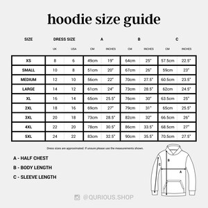 K&ouml;nnte beinhalten: Hoodie-Gr&ouml;&szlig;entabelle mit Ma&szlig;en in Zoll und Zentimetern. Die Tabelle zeigt die Gr&ouml;&szlig;en XS bis 5XL mit den entsprechenden UK- und US-Gr&ouml;&szlig;en. Die Tabelle zeigt auch die Ma&szlig;e f&uuml;r die halbe Brust, die K&ouml;rperl&auml;nge und die &Auml;rmell&auml;nge.