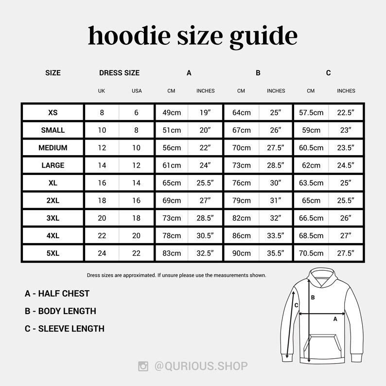 K&ouml;nnte beinhalten: Hoodie-Gr&ouml;&szlig;entabelle mit Ma&szlig;en in Zoll und Zentimetern. Die Tabelle zeigt die Gr&ouml;&szlig;en XS bis 5XL mit den entsprechenden UK- und US-Gr&ouml;&szlig;en. Die Tabelle zeigt auch die Ma&szlig;e f&uuml;r die halbe Brust, die K&ouml;rperl&auml;nge und die &Auml;rmell&auml;nge.