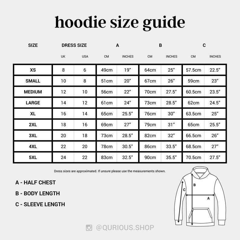 The image is a size guide for a hoodie, providing measurements for different dress sizes and sleeve lengths.