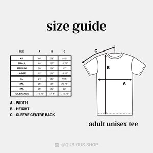 May include: Size chart for adult unisex t-shirts with measurements in inches for width, height, and sleeve center back. The chart includes sizes XS, S, M, L, XL, 2XL, and 3XL. The tolerance for each measurement is +/- 0.75 inches for width and sleeve center back, and +/- 1 inch for height.