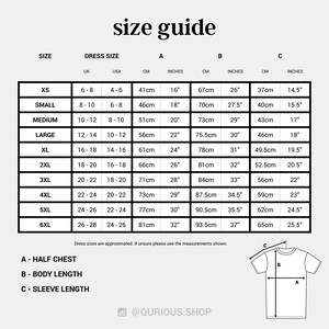 May include: Size guide chart for clothing with measurements in inches and centimeters. The chart shows sizes XS to 6XL with corresponding UK and US sizes. The chart also shows measurements for half chest, body length, and sleeve length.