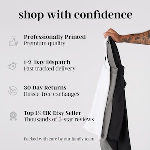 a person holding up a shirt, with text describing the features of the shirt and the seller.