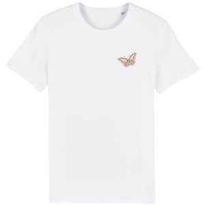 May include: White t-shirt with a small embroidered butterfly design in pink, yellow, and blue.