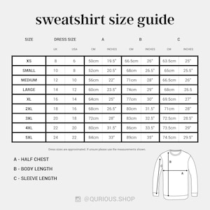The image is a size guide for a sweatshirt, providing measurements for different dress sizes and sleeve lengths.