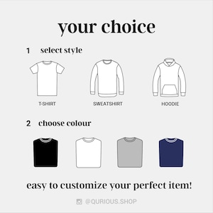 May include: A customization guide featuring the text your choice, 1 select style, 2 choose colour, and easy to customize your perfect item! It displays line drawings of a t-shirt, sweatshirt, and hoodie, plus four solid color squares in black, white, gray, and navy.