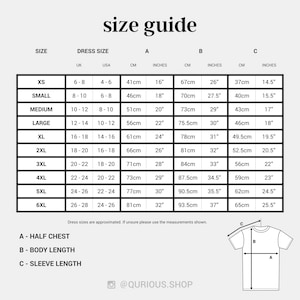 May include: Size chart for clothing with measurements in inches and centimeters. The chart shows sizes XS to 6XL with corresponding UK and US sizes. The chart also shows measurements for half chest, body length, and sleeve length.