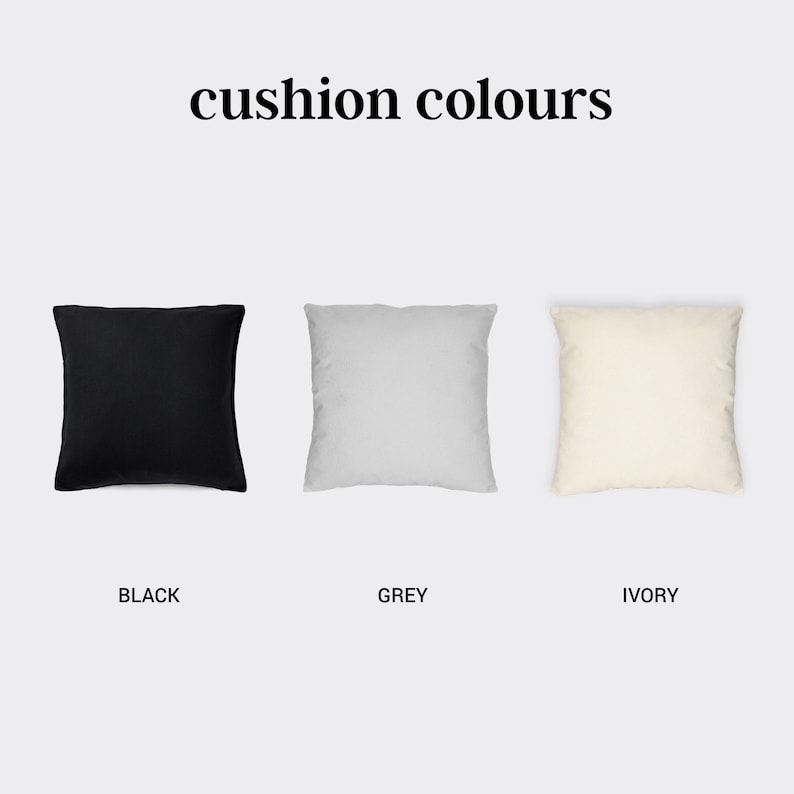 May include: Three square throw pillows in black, grey, and ivory. The pillows are arranged in a row from left to right. The text "cushion colours" is above the pillows.
