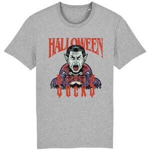 May include: Gray t-shirt with a vintage-style graphic of a vampire with the text "Halloween Sucks" in red.