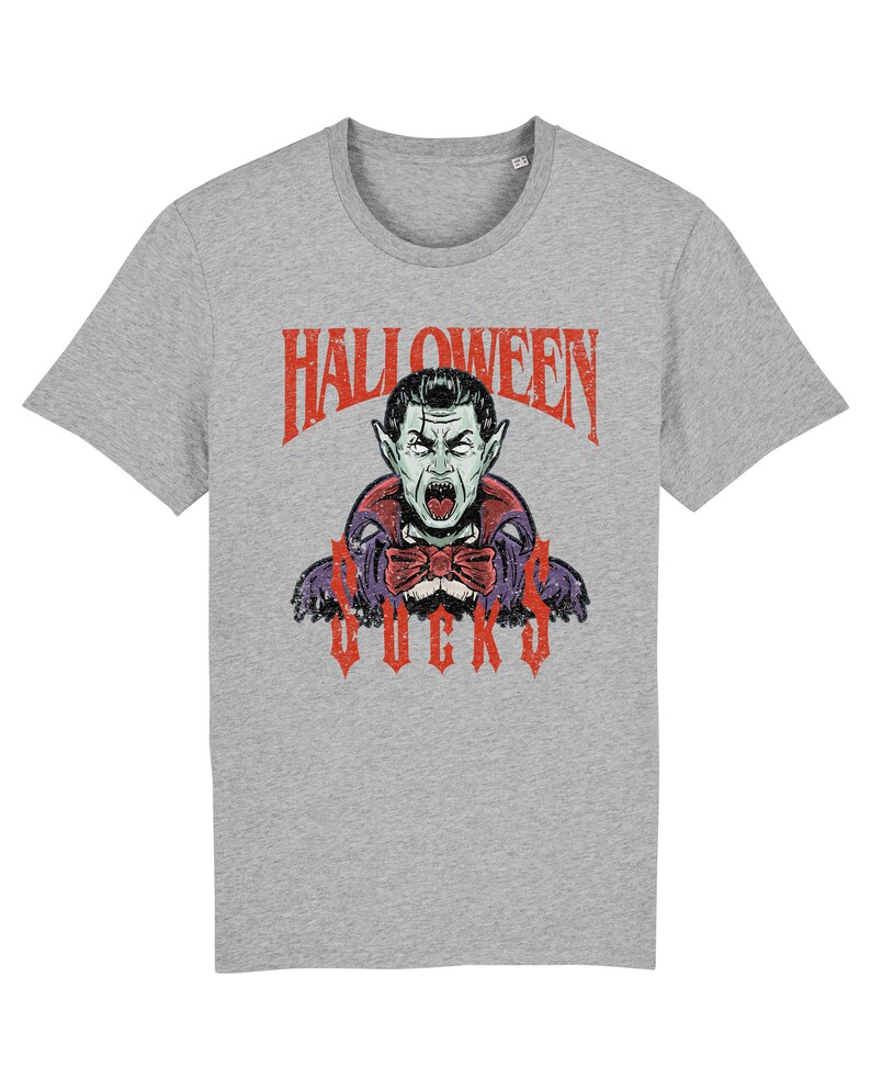 May include: Gray t-shirt with a vintage-style graphic of a vampire with the text "Halloween Sucks" in red.