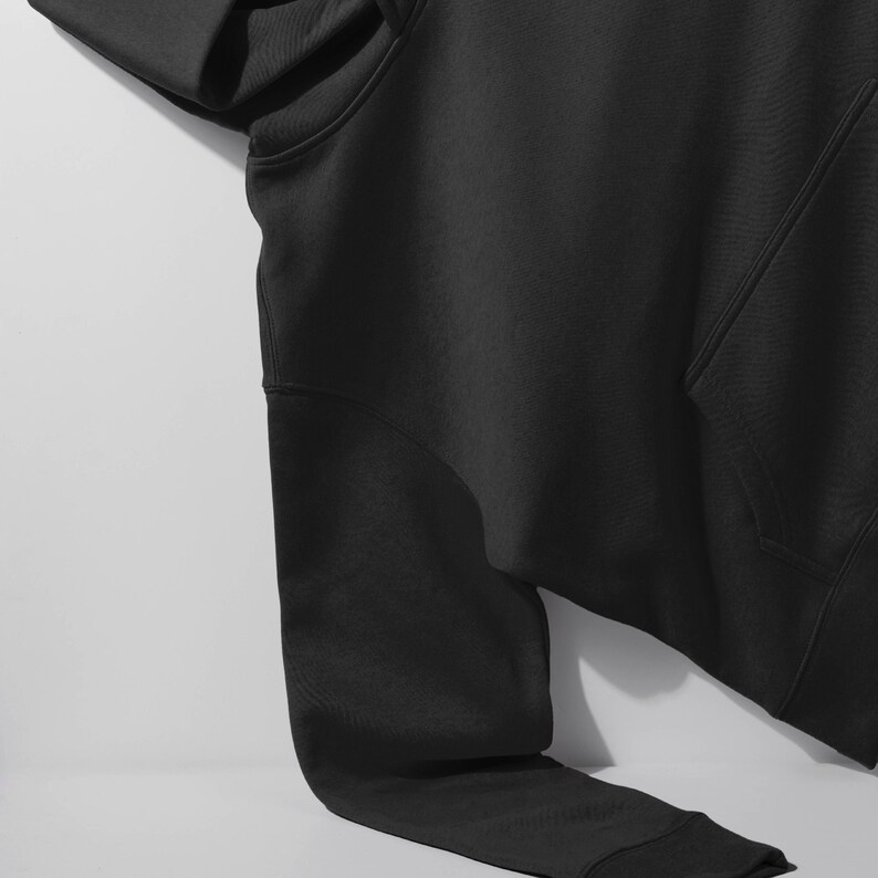 A black hoodie is shown in the image, with a white background.