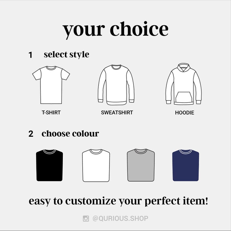 a selection of clothing items, including a T-shirt, a sweatshirt, and a hoodie, with options for selecting a style and color.