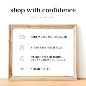 May include: A framed illustration with a white background and gold frame. The illustration features four icons with text describing fast worldwide delivery, 1-2 day dispatch time, hassle free returns with a 30 day exchange policy, and 5 star seller.