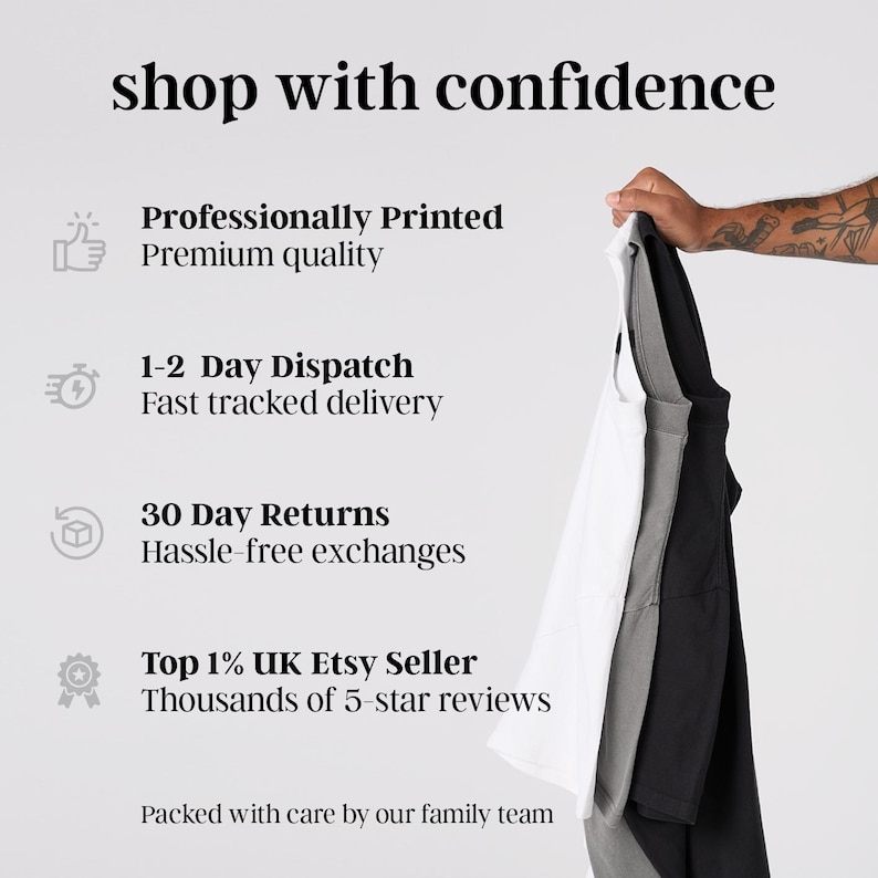 a person holding up a shirt, with text describing the features of the shirt and the seller.