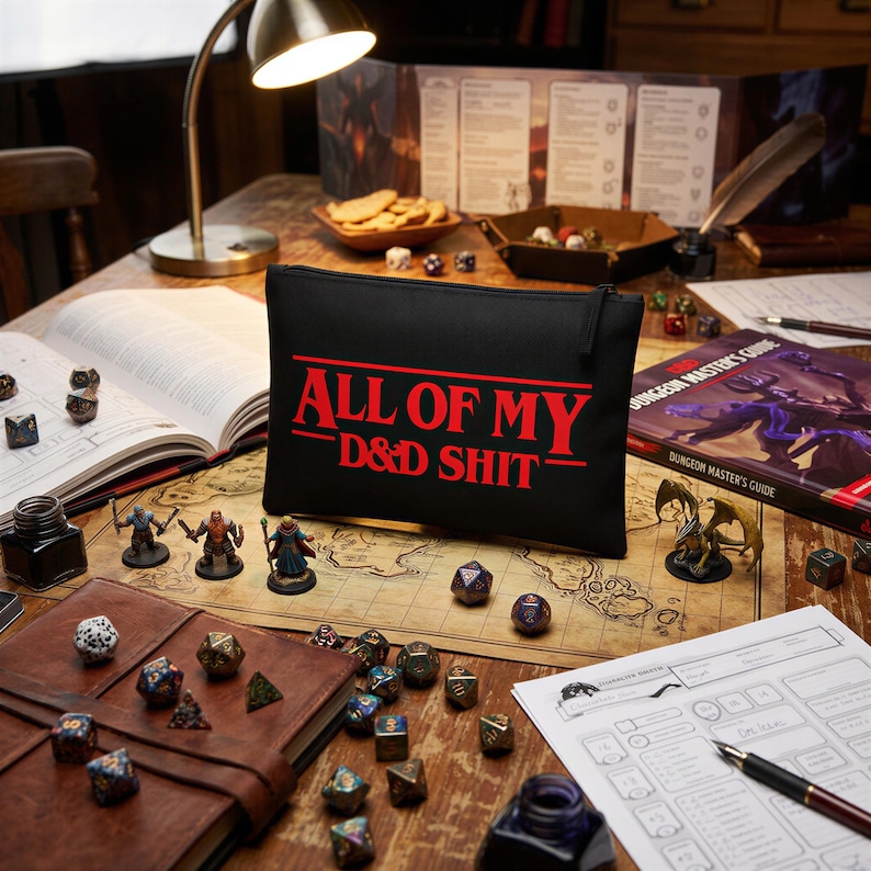 May include: A black rectangular zipped pouch featuring the red text ALL OF MY D&D SHIT printed on the front. The pouch is made of a smooth fabric material and includes a black zip closure along the top edge for securing contents inside.
