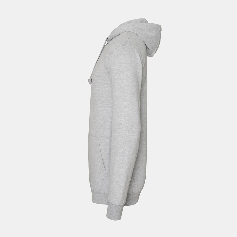 May include: A gray hooded sweatshirt with a pouch pocket on the front.
