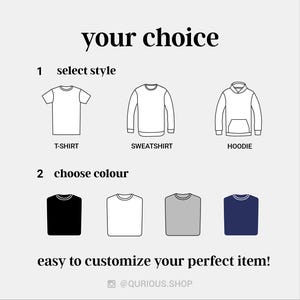 a selection of clothing items, including a T-shirt, a sweatshirt, and a hoodie, with options for selecting a style and color.