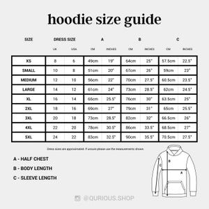 The image is a size guide for a hoodie, providing measurements for different dress sizes and sleeve lengths.