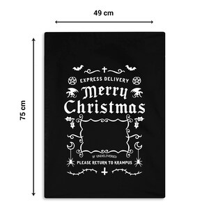 May include: Black and white graphic print on a black background. The graphic features a vintage style design with the text "Express Delivery Merry Christmas" and "If Undelivered Please Return to Krampus". The print measures 49 cm by 75 cm.