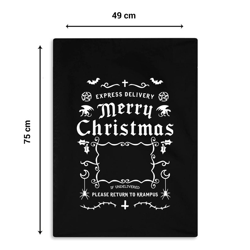 May include: Black and white graphic print on a black background. The graphic features a vintage style design with the text "Express Delivery Merry Christmas" and "If Undelivered Please Return to Krampus". The print measures 49 cm by 75 cm.