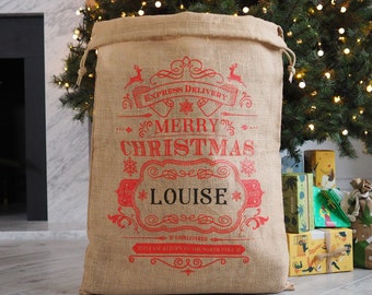 Luxury Personalized Santa Sack - Personalised Christmas Decor Burlap Sack - Festive Hessian Christmas Sack